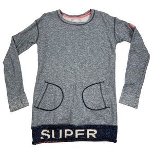 Vtg 80s Retro Superdry Mountain Sweat Shirt Tunic Knit Spellout Hem Pockets Sz L